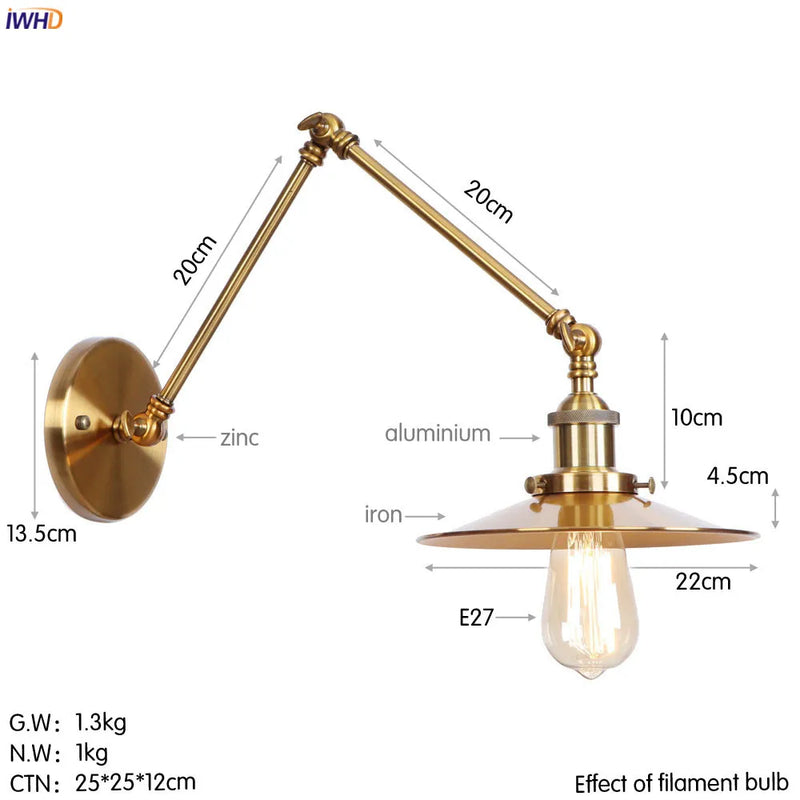 Helnys Swing Arm Wall Lamp Vintage Industrial Style with Edison Bulb