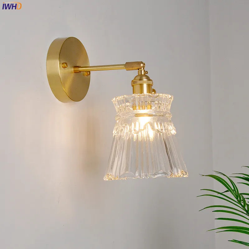 Helnys Japanese Copper Glass Wall Sconce LED Light Nordic Modern Fixture