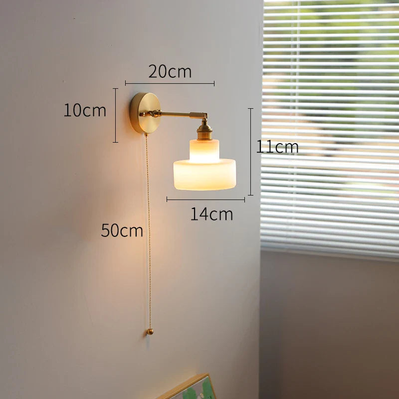 Helnys Green Glass LED Wall Light with Pull Chain Switch - Nordic Modern Design