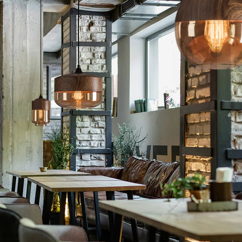 Helnys Nordic Wood LED Glass Pendant Light for Dinning Room Cafe Bedroom