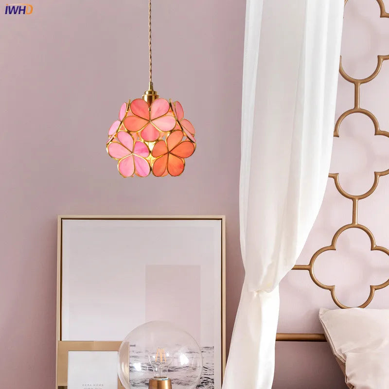 Helnys Nordic Flower Copper Glass Pendant Light Fixture with LED for Bedroom Dining Living Room