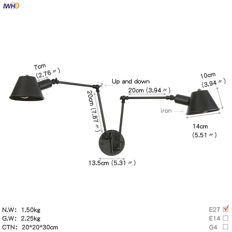 Helnys Black Swing Arm Wall Light Industrial Vintage Sconce LED Lighting