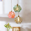 Helnys Nordic Flower Copper Glass Pendant Light Fixture with LED for Bedroom Dining Living Room