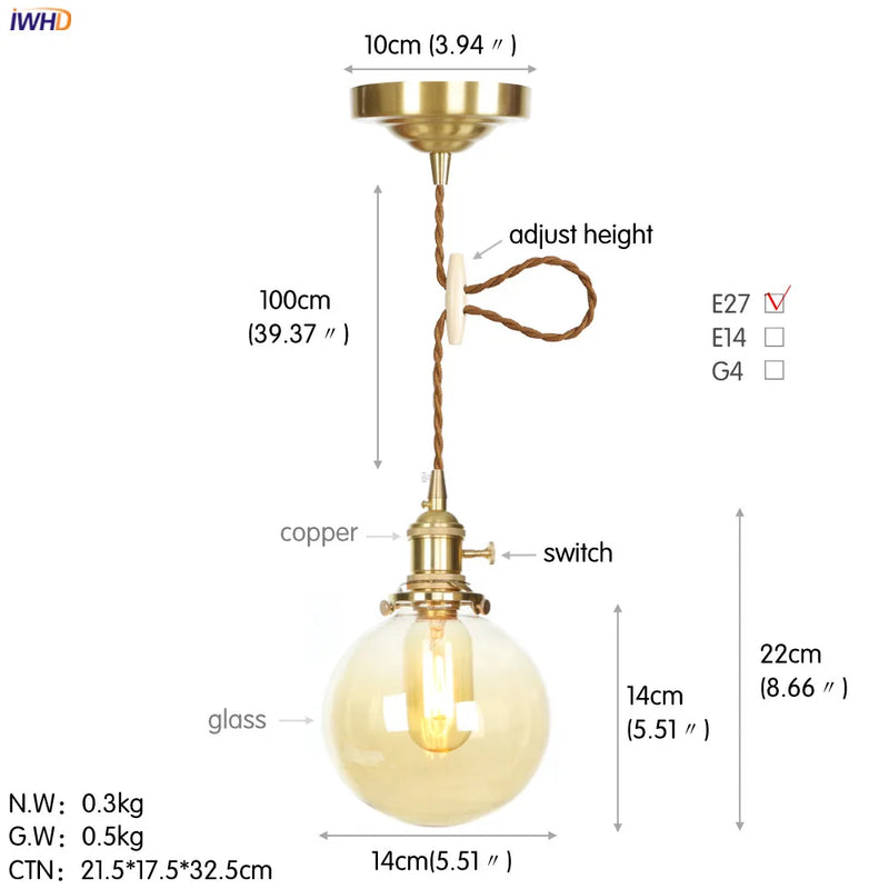 Helnys Nordic White Glass Pendant Light with Japan Copper Finish
