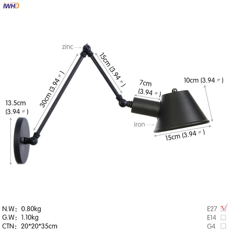 Helnys Black Swing Arm Wall Light Industrial Vintage Sconce LED Lighting