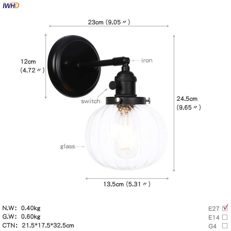 Helnys Industrial Glass Ball Wall Sconce Black Wall Light for Bathroom Mirror