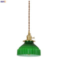 Helnys Green Glass LED Pendant Light with Wood Handle & Copper Socket