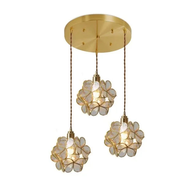 Helnys Nordic Flower Copper Glass Pendant Light Fixture with LED for Bedroom Dining Living Room