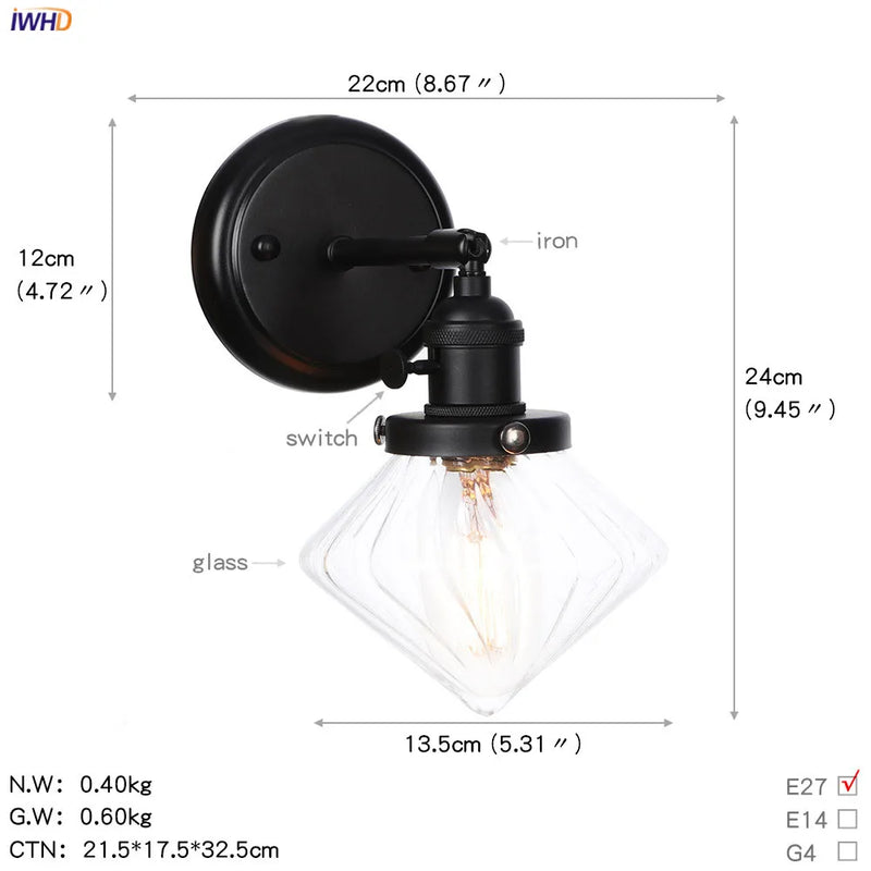 Helnys Industrial Glass Ball Wall Sconce Black Wall Light for Bathroom Mirror