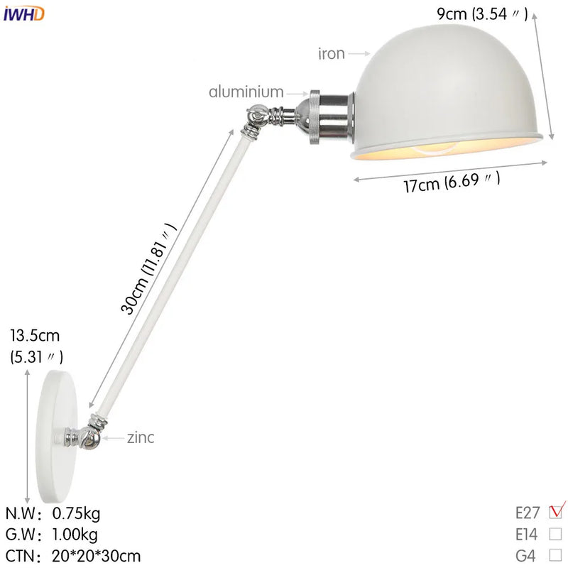 Helnys White Swing Arm Wall Light 4W Industrial Vintage Wall Sconce Luminaria