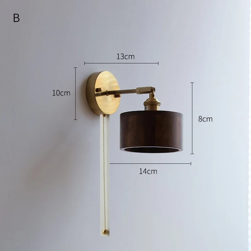 Helnys Copper LED Wall Sconce Pull Chain Switch Modern Wood Wall Light Fixtures