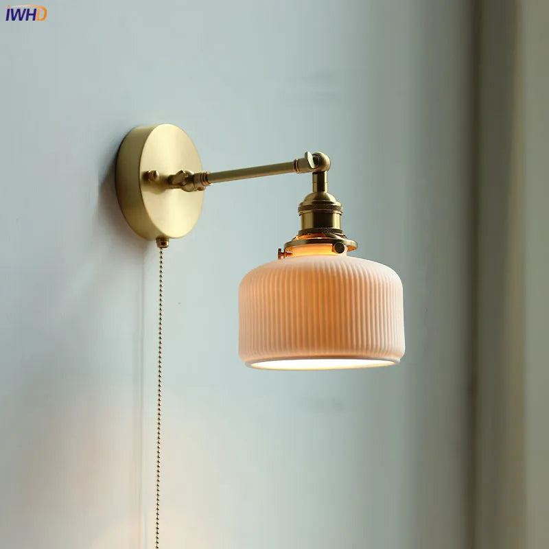 Helnys Ceramic Copper Arm Wall Lamp with Pull Chain Switch - Nordic Modern Style