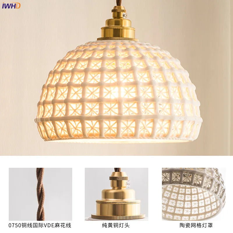 Helnys Nordic Ceramic Pendant Lamp Japan Style Copper Hanging Light