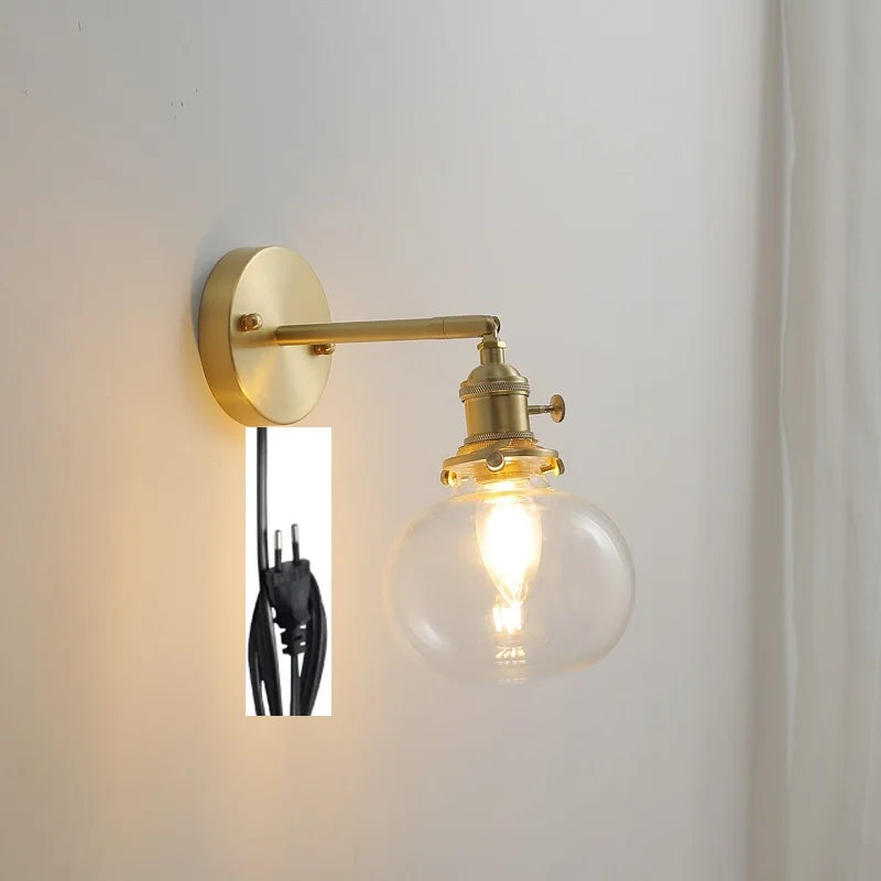 Helnys Nordic Copper Glass Ball Wall Lamp with Knob Switch for Bathroom Mirror