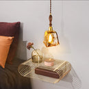 Helnys Vintage Wood Copper Pendant Lights Amber Glass Japanese Style LED