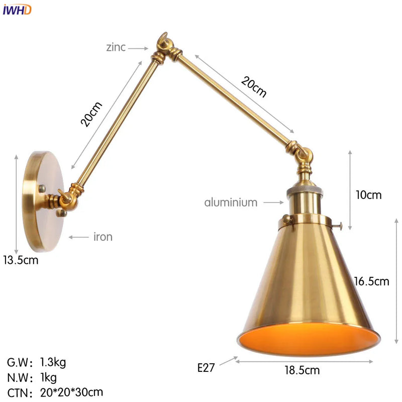 Helnys Swing Arm Wall Lamp Vintage Industrial Style with Edison Bulb