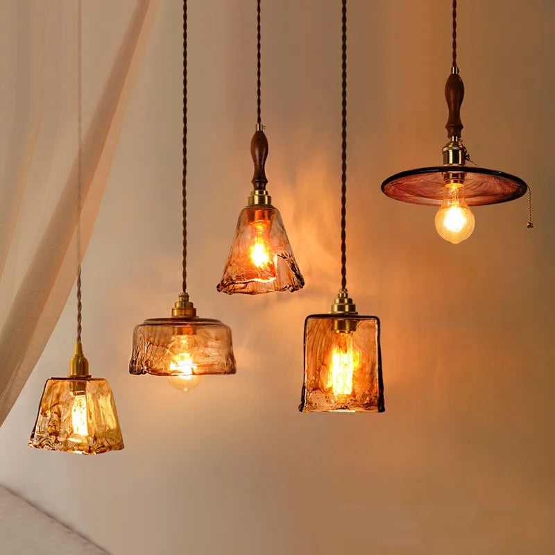 Helnys Vintage Wood Copper Pendant Lights Amber Glass Japanese Style LED