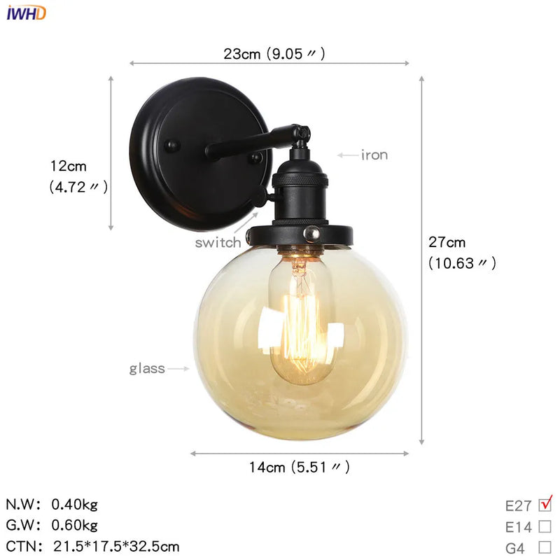 Helnys Industrial Glass Ball Wall Sconce Black Wall Light for Bathroom Mirror