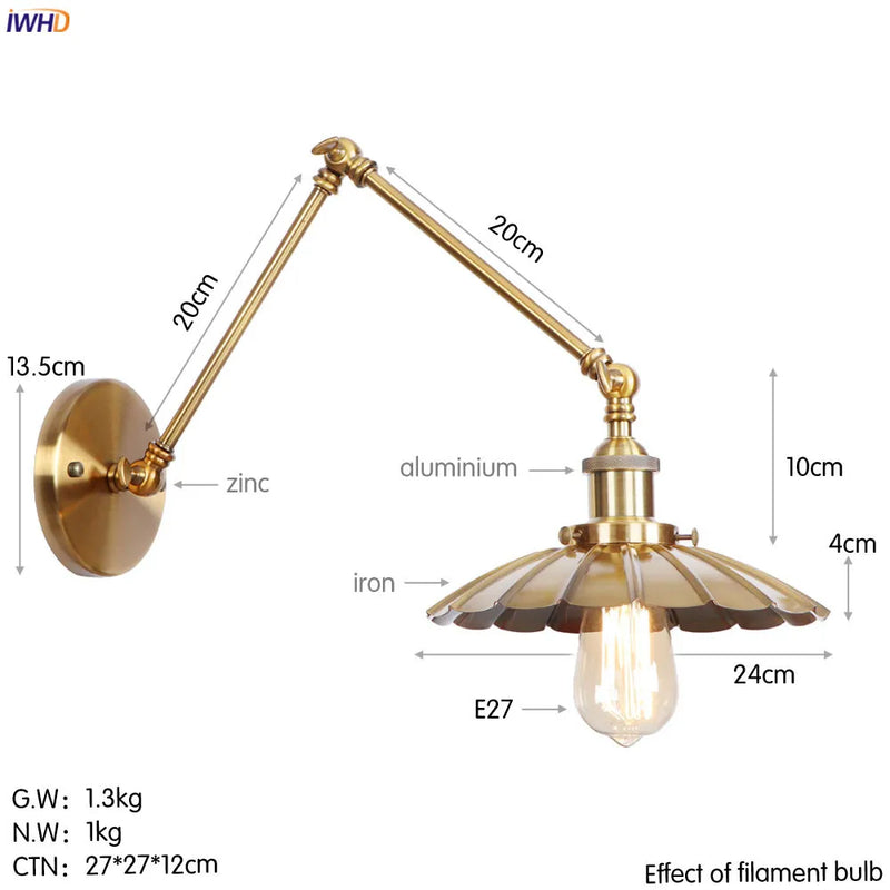 Helnys Swing Arm Wall Lamp Vintage Industrial Style with Edison Bulb