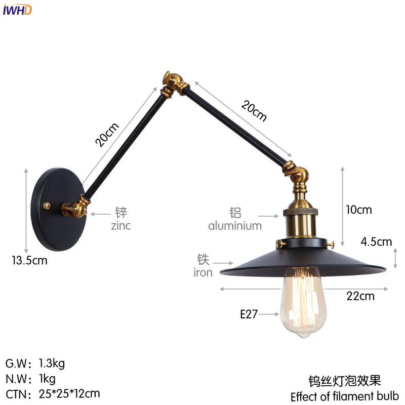 Helnys Swing Arm Wall Lamp Vintage Industrial Style with Edison Bulb