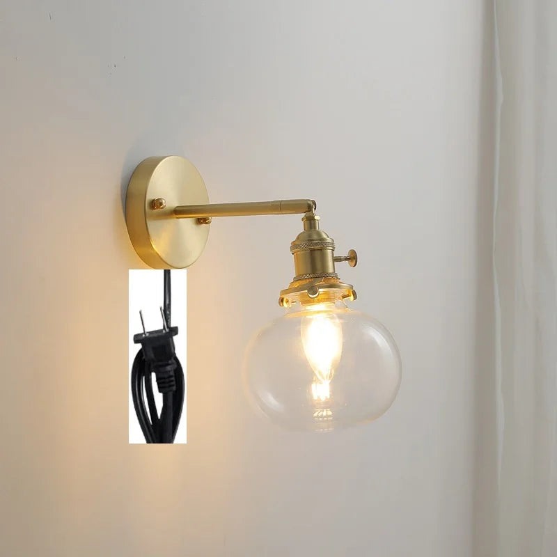 Helnys Nordic Copper Glass Ball Wall Lamp with Knob Switch for Bathroom Mirror