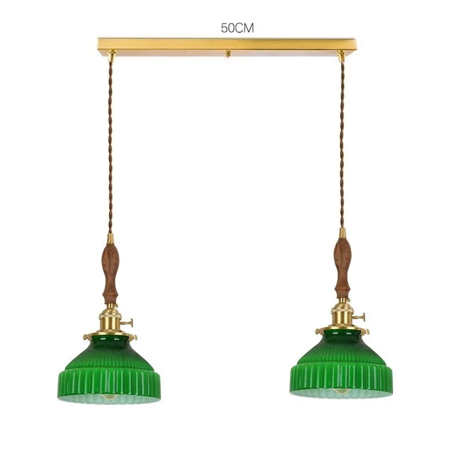 Helnys Green Glass LED Pendant Light with Wood Handle & Copper Socket