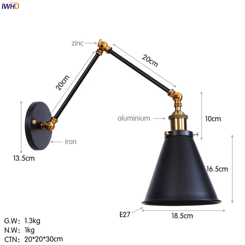 Helnys Swing Arm Wall Lamp Vintage Industrial Style with Edison Bulb