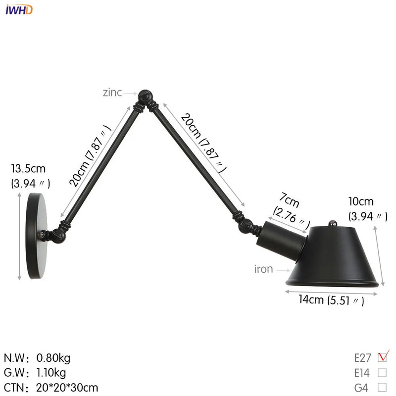 Helnys Black Swing Arm Wall Light Industrial Vintage Sconce LED Lighting