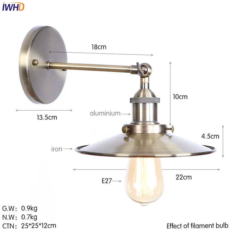 Helnys Iron Golden Antique LED Wall Light Industrial Retro Loft Style Vintage Wandlamp