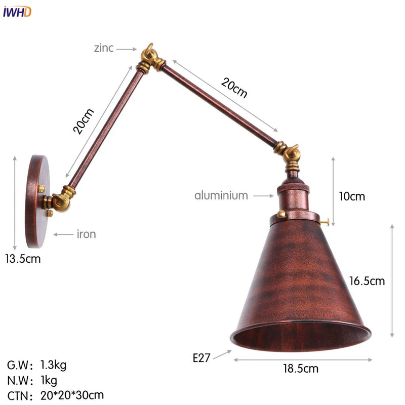 Helnys Gold LED Swing Arm Wall Light - Antique Industrial Decor