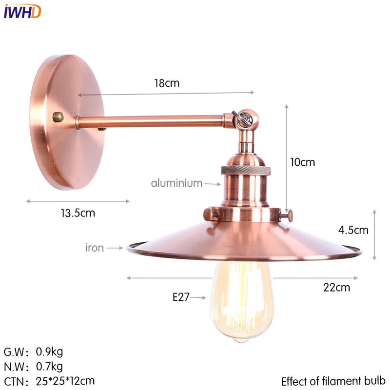 Helnys Iron Golden Antique LED Wall Light Industrial Retro Loft Style Vintage Wandlamp