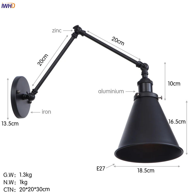 Helnys Gold LED Swing Arm Wall Light - Antique Industrial Decor