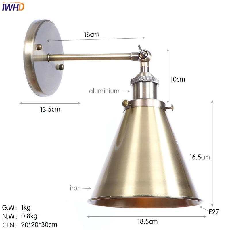 Helnys Iron Golden Antique LED Wall Light Industrial Retro Loft Style Vintage Wandlamp