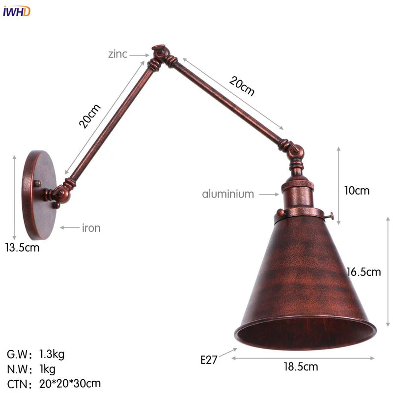Helnys Gold LED Swing Arm Wall Light - Antique Industrial Decor