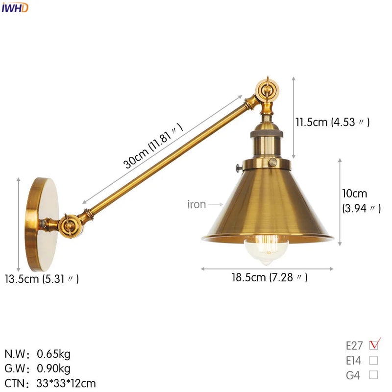 Helnys Gold Swing Arm Wall Lamp Industrial Retro Vintage Sconce