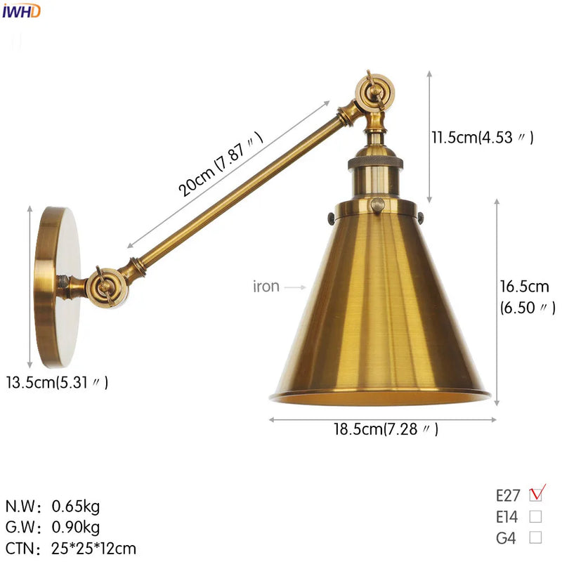 Helnys Gold Swing Arm Wall Lamp Industrial Retro Vintage Sconce