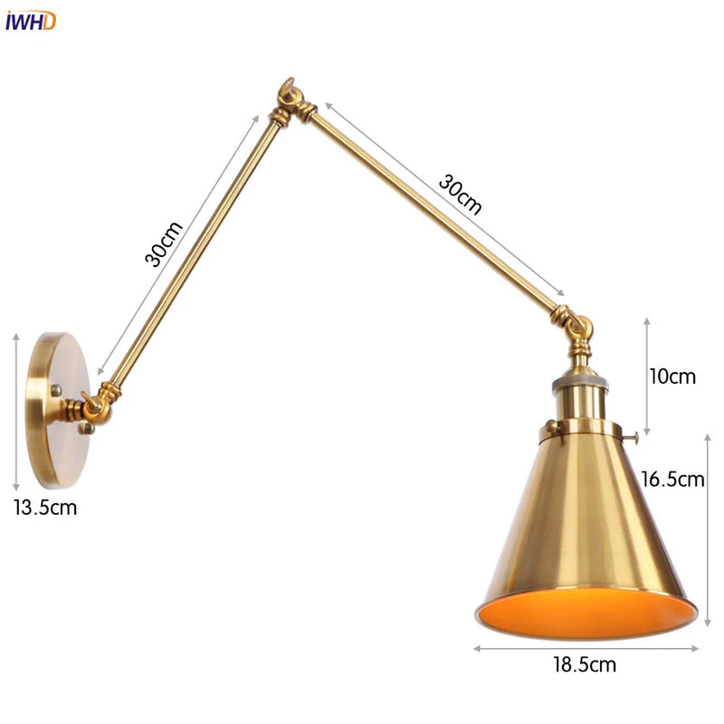 Helnys Gold LED Swing Arm Wall Light - Antique Industrial Decor