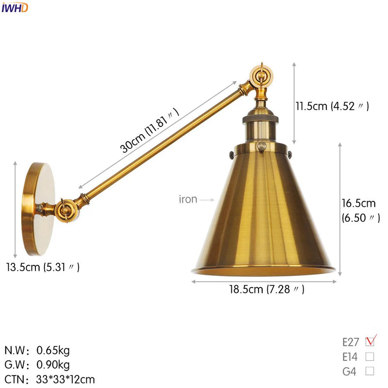 Helnys Gold Swing Arm Wall Lamp Industrial Retro Vintage Sconce