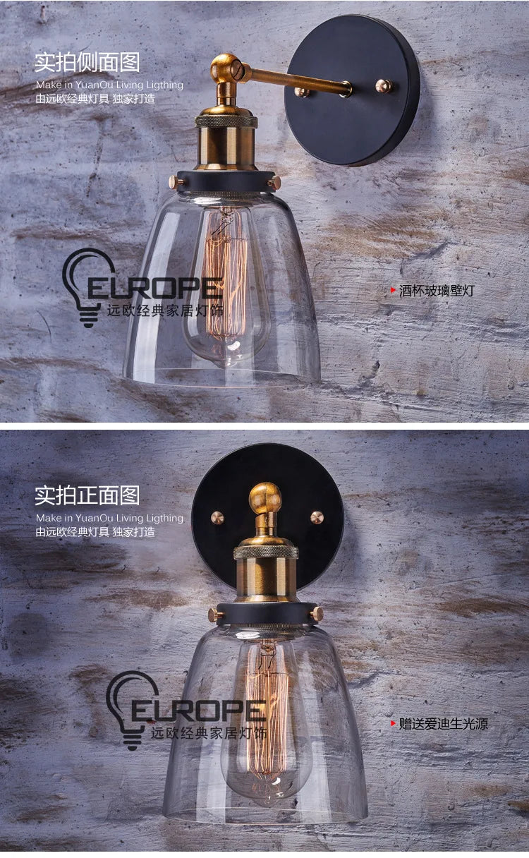Helnys Industrial Wall Sconce with Glass Lampshade, Vintage Retro Loft Wall Lamp
