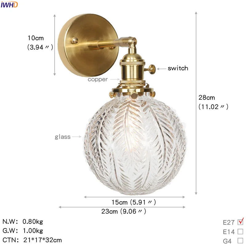 Helnys Retro LED Glass Ball Wall Light Sconce - Vintage Copper Finish