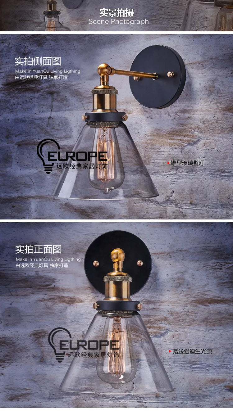 Helnys Industrial Wall Sconce with Glass Lampshade, Vintage Retro Loft Wall Lamp
