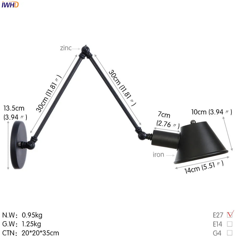 Helnys Retro Wall Lights - 2 Heads Swing Arm Edison Lighting for Bedroom, Bathroom