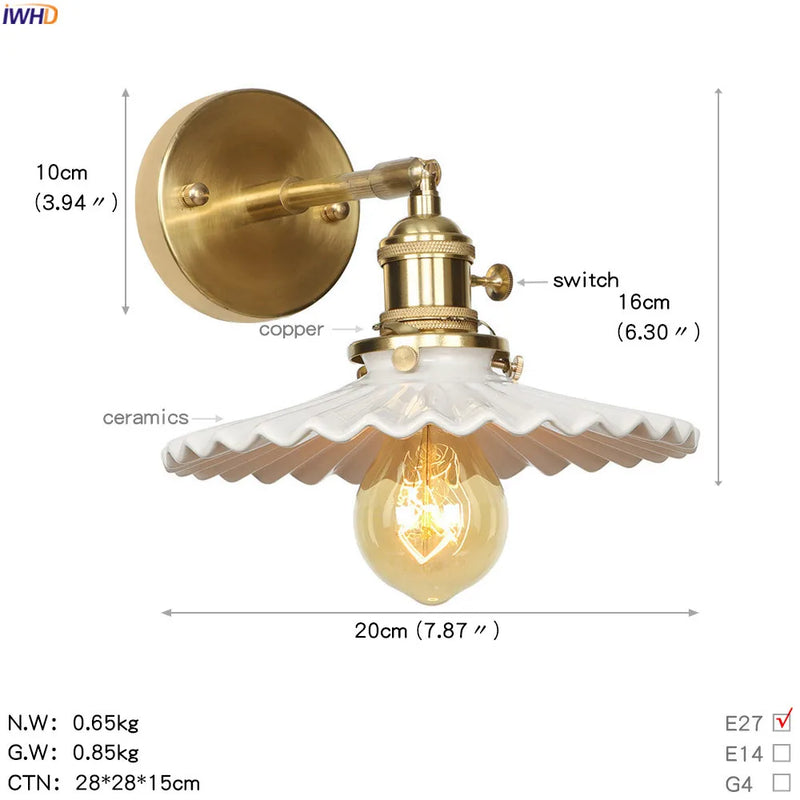 Helnys Retro LED Glass Ball Wall Light Sconce - Vintage Copper Finish