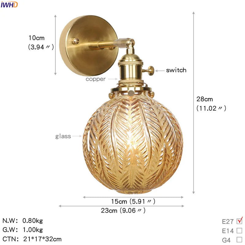 Helnys Retro LED Glass Ball Wall Light Sconce - Vintage Copper Finish