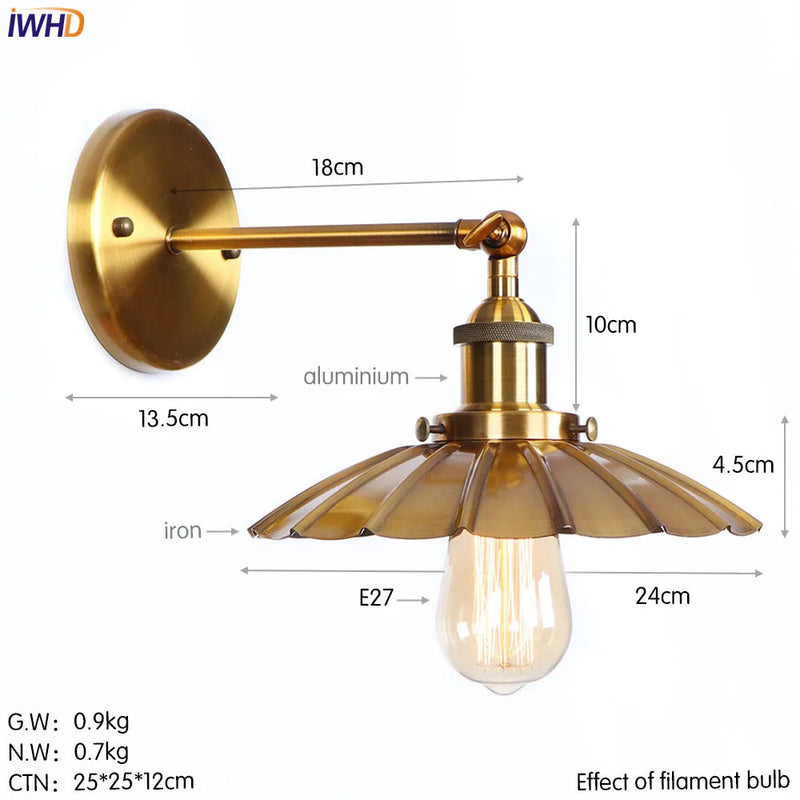 Helnys Iron Golden Antique LED Wall Light Industrial Retro Loft Style Vintage Wandlamp