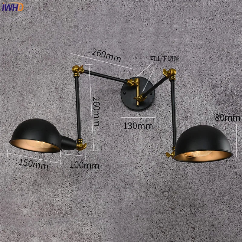 Helnys Vintage Loft Industrial Swing Arm Wall Light Sconce - Adjustable 2 Heads