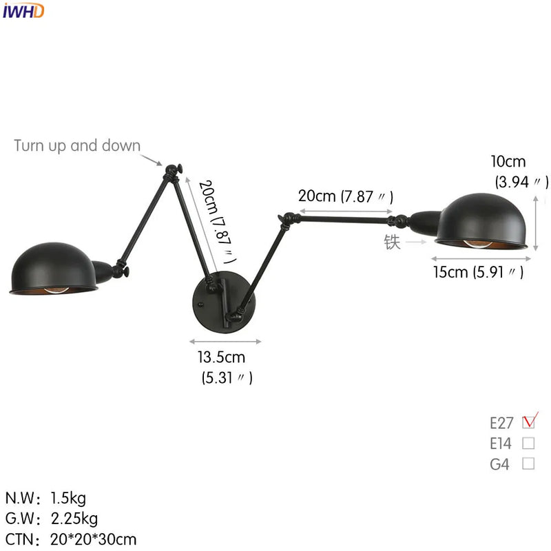 Helnys Retro Wall Lights - 2 Heads Swing Arm Edison Lighting for Bedroom, Bathroom