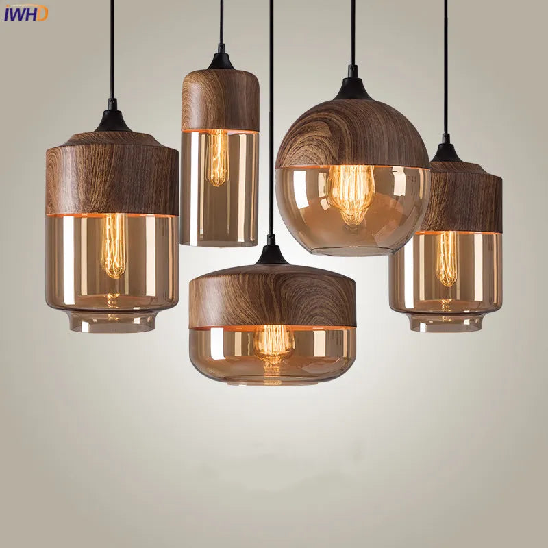 Helnys Nordic Wood LED Glass Pendant Light for Dinning Room Cafe Bedroom
