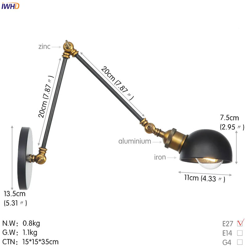 Helnys White Swing Arm Wall Light 4W Industrial Vintage Wall Sconce Luminaria