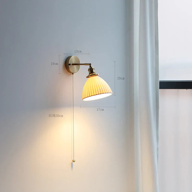 Helnys Ceramic Copper Arm Wall Lamp with Pull Chain Switch - Nordic Modern Style